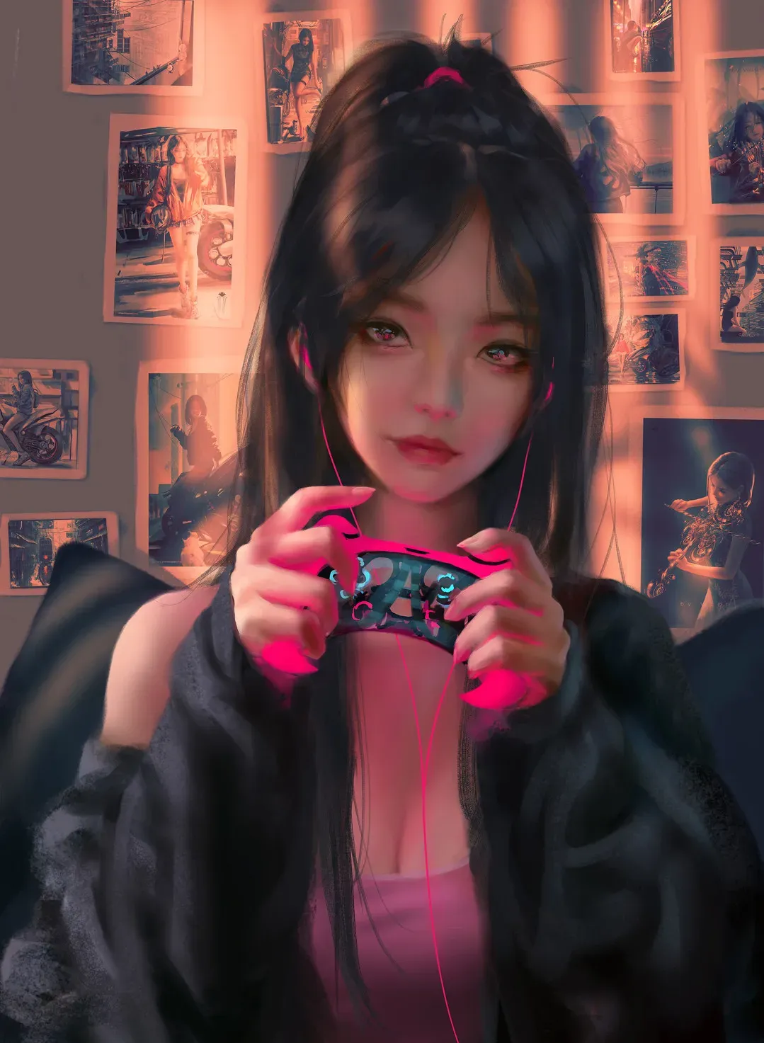 平台线索与插画风格 黑色服装人物与暖色背景灯光照片