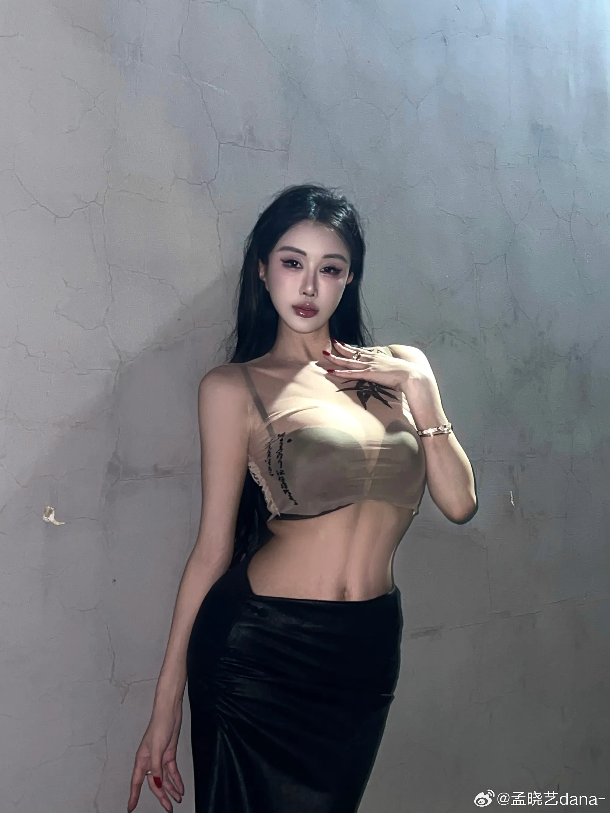 YouTube与Facebook公开线索及写真风格更新 灰墙背景下浅棕短上衣与黑色长裙造型