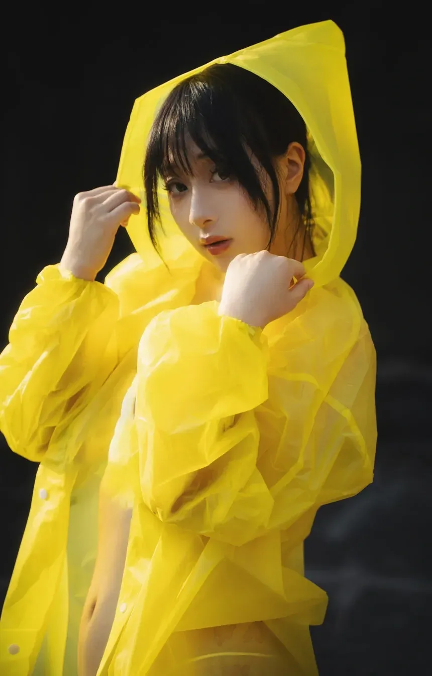 浅安安Yuki身穿亮黄色连帽雨衣双手搭帽檐的半身特写